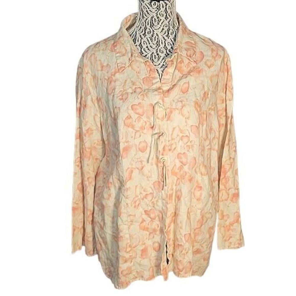 J. Jill Petite XL Linen Floral Tie Front Button Up Shirt Peach Cream 100% Linen